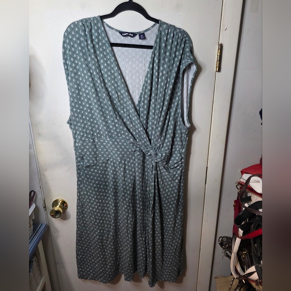 Lands' End Womens Sleeveless Dress Green Stretch Printed Knotted Plus Size 3X
